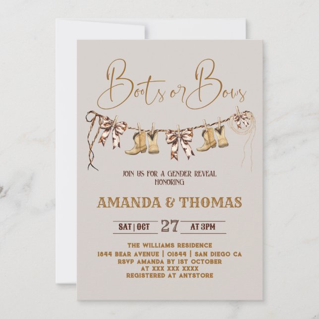 Boots or Bows Rustic Gender Reveal Invitation (Front)