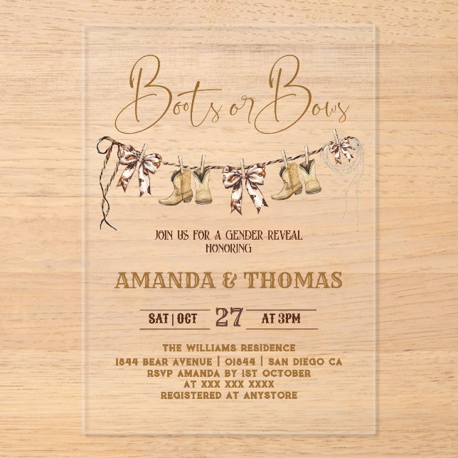 Boots or Bows Western Gender Reveal Acrylic Invitations (Front)