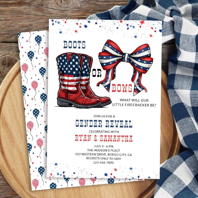 Boots or Bows Western Red White Blue Gender Reveal Invitation (Western Cowboy Boots or Bows Red White and Blue Gender Reveal Invitation)