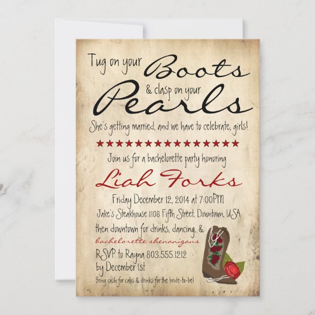 Boots & Pearls Bachelorette Party Invitation (Front)