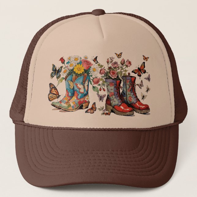 Boots with Roses Daisies and Butterflies Trucker Hat (Front)