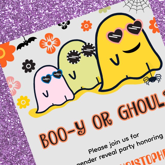 Booy or Ghoul 70s Ghost Halloween Gender reveal Invitation (Booy-or-Ghoul-70s-Ghost-Halloween-Gender-reveal-Invitation-1)