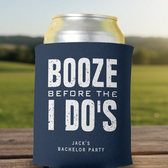 Booze Before I Do's Bachelor Party Blue & White Can Cooler (Creator Uploaded)