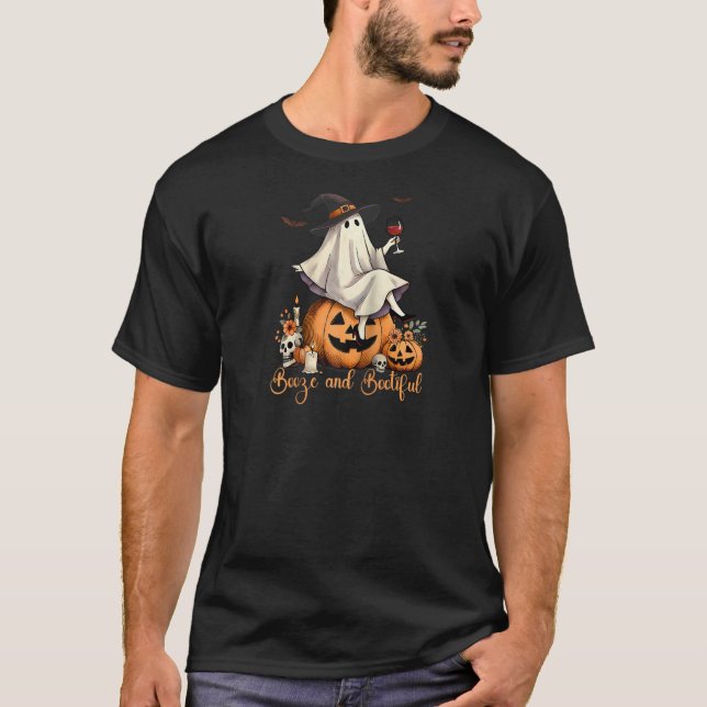 Booze Bootiful Ghost Drinking Coquette Bow Hallowe T-Shirt (Front)