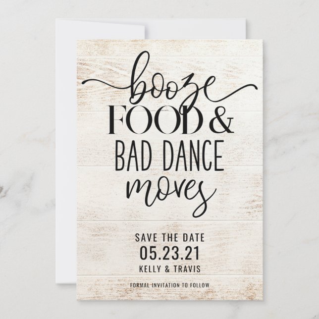Booze Food and Bad Dance Moves Wedding Save The Da Date (Front)