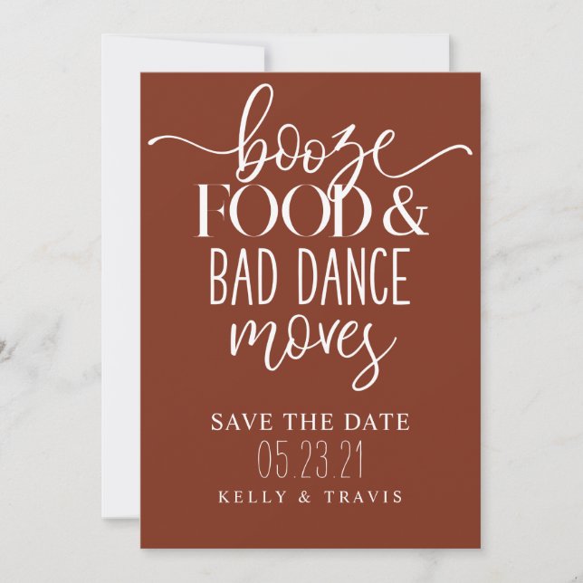 Booze Food and Bad Dance Moves Wedding Save The Da Date (Front)