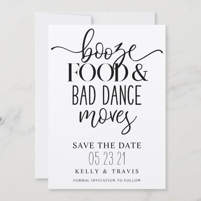 Booze Food and Bad Dance Moves Wedding Save The Date (Front)
