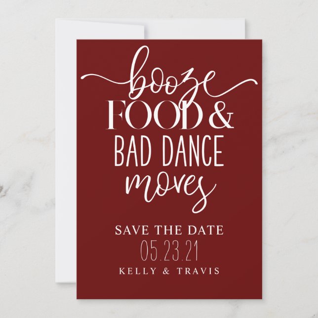 Booze Food and Bad Dance Moves Wedding Save The Date (Front)