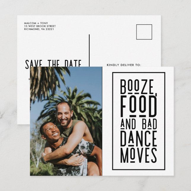 Booze, Food, Bad Dance Funny LGBT Gay Save Date Announcement Postcard (Front/Back)