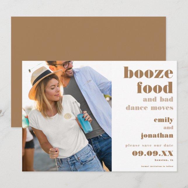 Booze Food Bad Dance Moves Photo Gold Save The Date (Front/Back)