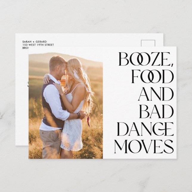 Booze Food Bad Dance Moves Save the Date Announcement Postcard (Front/Back)