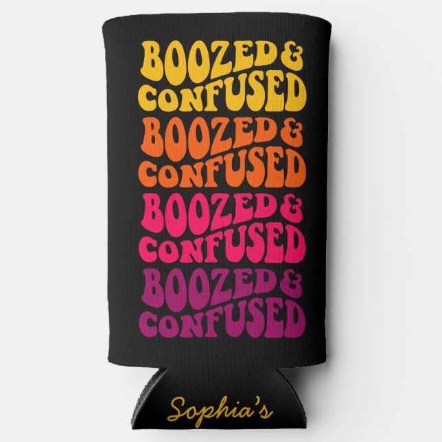 Boozed Confused Groovy Bachelorette Party Custom Seltzer Can Cooler (Front)