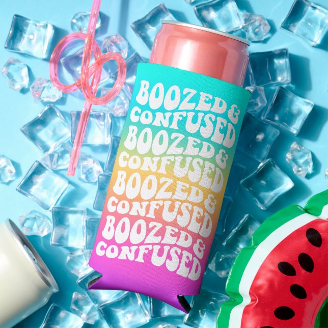 Boozed Confused Retro Lettering Rainbow Gradient S Seltzer Can Cooler (In Situ Summer)