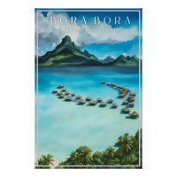 Bora bora retro travel poster, french polynesia 