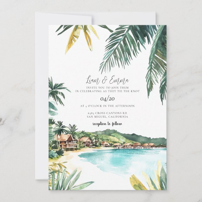 Bora Bora Watercolor Wedding Invitation (Front)