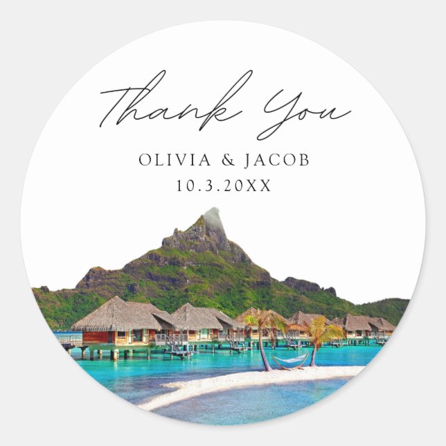 Bora Bora Wedding Favour Photo Thank You Classic Round Sticker (Front)