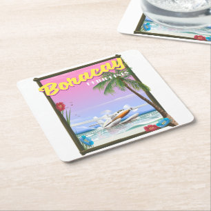 Boracay Philippines beach travel poster Square Paper Coaster