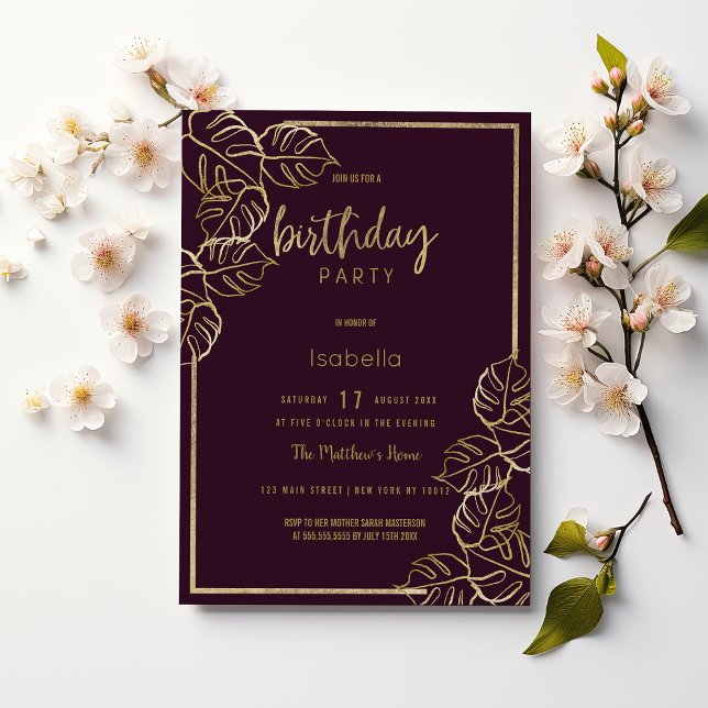Bordeaux deep rich red gold floral Birthday Invitation (Bordeaux deep rich red gold floral Birthday)