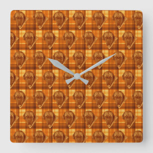 Bordeaux Dog Faces On Orange Tartan Print, Square Wall Clock