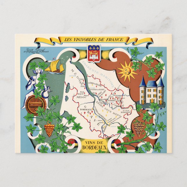 Bordeaux, France Vintage Map Postcard (Front)