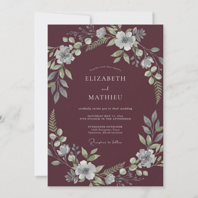 Bordeaux Lush Botanical Wedding Invitation (Front)