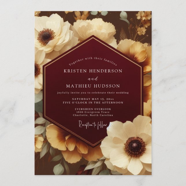 Bordeaux Ornate Botanical Wedding Invitation (Front)
