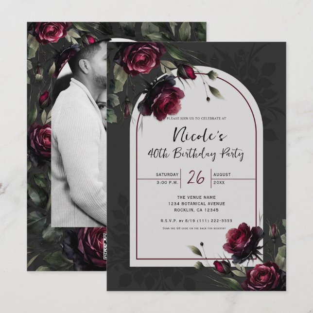 Bordeaux Red Roses Shadowy Grey Floral Birthday  Invitation (Front/Back)