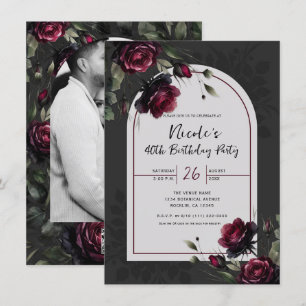 Bordeaux Red Roses Shadowy Grey Floral Birthday  Invitation