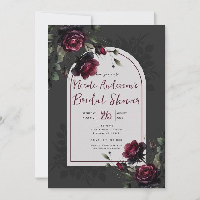 Bordeaux Red Roses Shadowy Grey Floral Bridal  Invitation (Front)