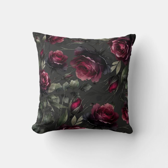 Bordeaux Red Roses Shadowy Grey Floral  Cushion (Front)