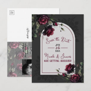 Bordeaux Red Roses Shadowy Grey Floral Save Date Announcement Postcard