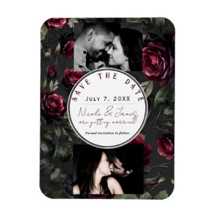 Bordeaux Red Roses Shadowy Grey Floral Save Date Magnet