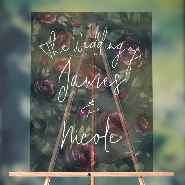 Bordeaux Red Roses Shadowy Grey Floral Wedding Acrylic Sign (Neutral)