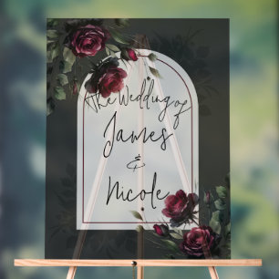 Bordeaux Red Roses Shadowy Grey Floral Wedding Acrylic Sign