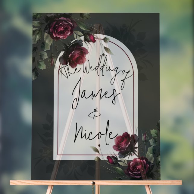 Bordeaux Red Roses Shadowy Grey Floral Wedding Acrylic Sign (Neutral)