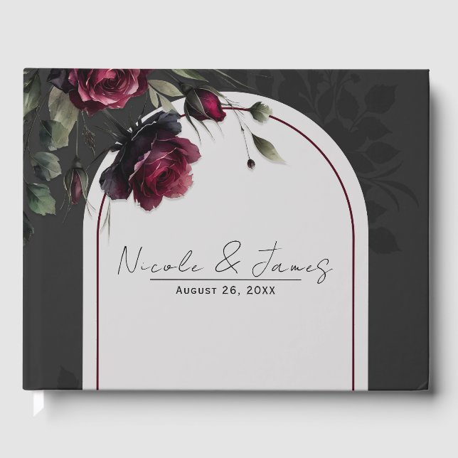 Bordeaux Red Roses Shadowy Grey Floral Wedding Guest Book (Front)