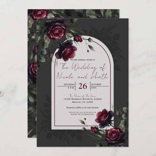 Bordeaux Red Roses Shadowy Grey Floral Wedding Invitation (Front/Back)