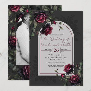 Bordeaux Red Roses Shadowy Grey Floral Wedding Invitation
