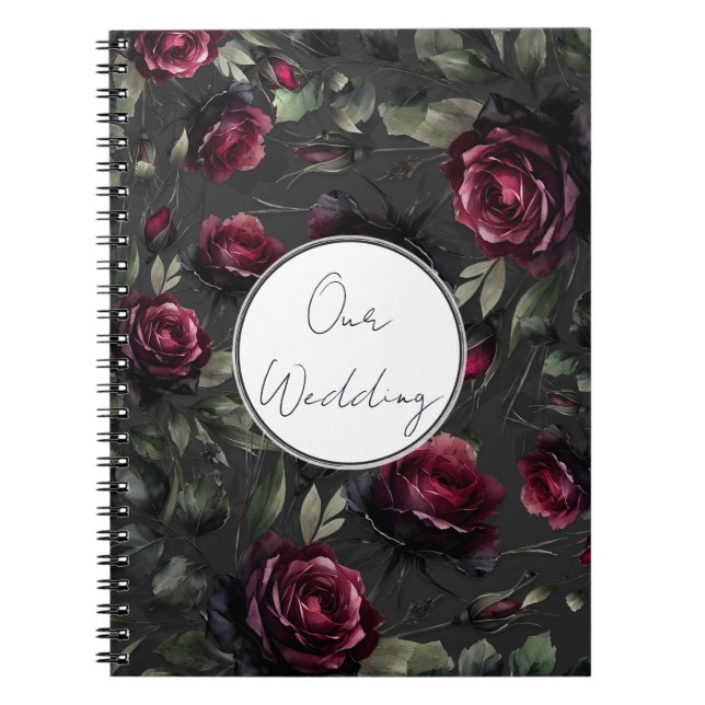 Bordeaux Red Roses Shadowy Grey Floral Wedding Notebook (Front)