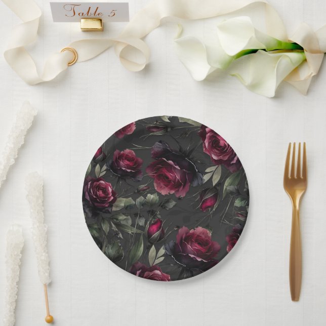 Bordeaux Red Roses Shadowy Grey Floral Wedding Paper Plate (Wedding)