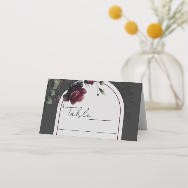 Bordeaux Red Roses Shadowy Grey Floral Wedding Place Card (Front)