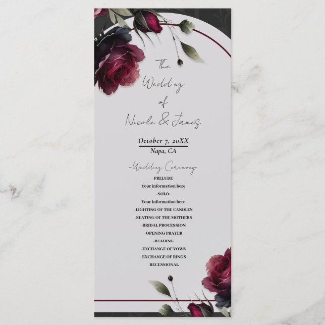 Bordeaux Red Roses Shadowy Grey Floral Wedding Programme (Front)