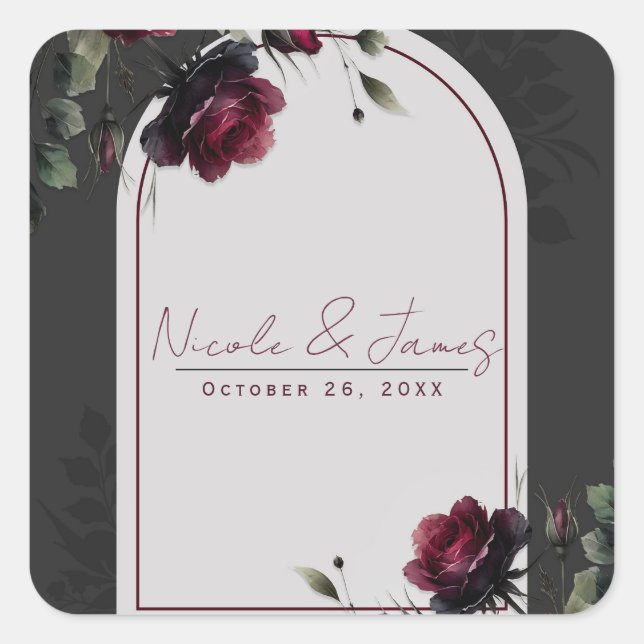 Bordeaux Red Roses Shadowy Grey Floral Wedding Square Sticker (Front)