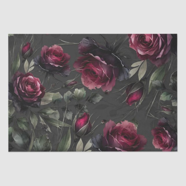 Bordeaux Red Roses Shadowy Grey Floral Wedding Tissue Paper (Front)
