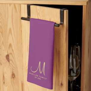 Bordeaux Solid Colour Gold Family Name Monogram Tea Towel