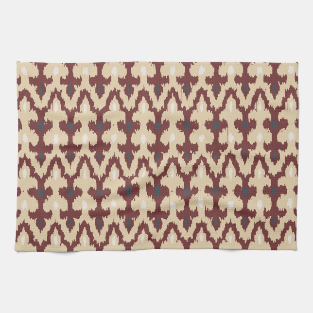 Bordeaux Tan Geometric Ikat Tribal Ornament Pattrn Tea Towel (Horizontal)