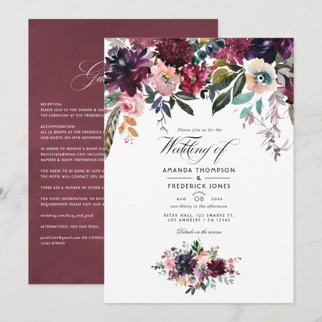 Bordeaux Wine Colour Floral Garden Wedding Invitation (Front/Back)