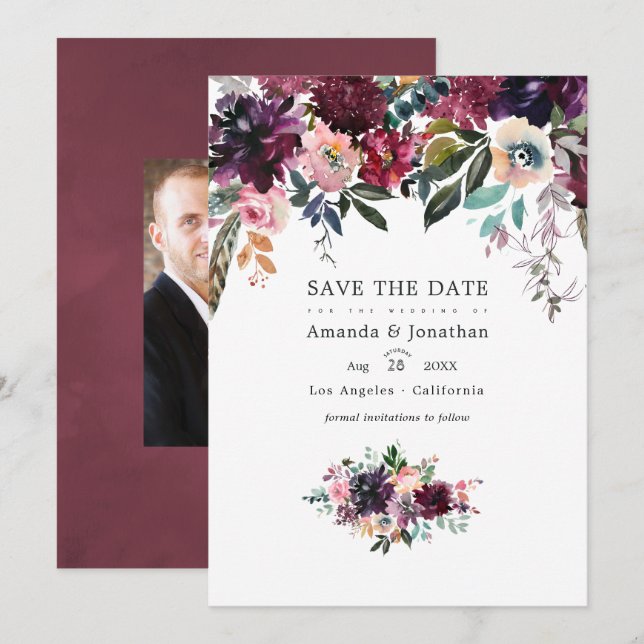 Bordeaux Wine Colour Floral Garden Wedding Save The Date (Front/Back)