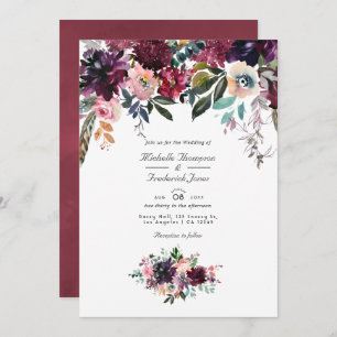 Bordeaux Wine Colour Floral QR Code Garden Wedding Invitation