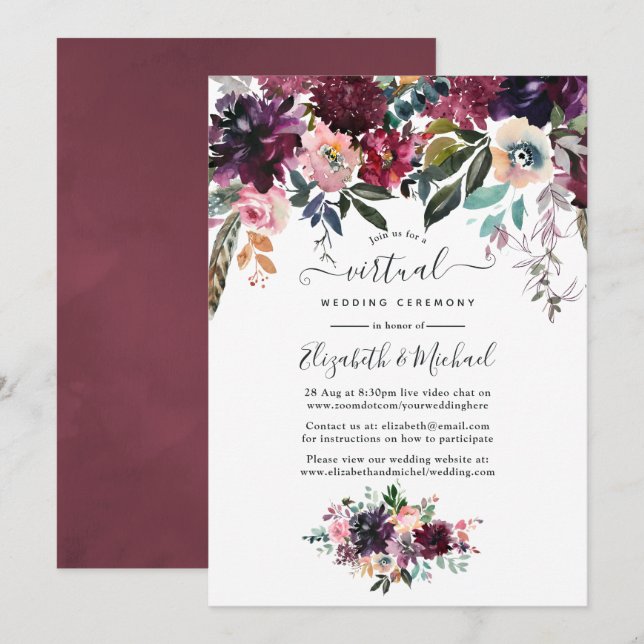 Bordeaux Wine Floral Online Virtual Wedding Invitation (Front/Back)